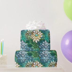 Elegant Green and Cream Flowers Mosaic Pattern Wrapping Paper
