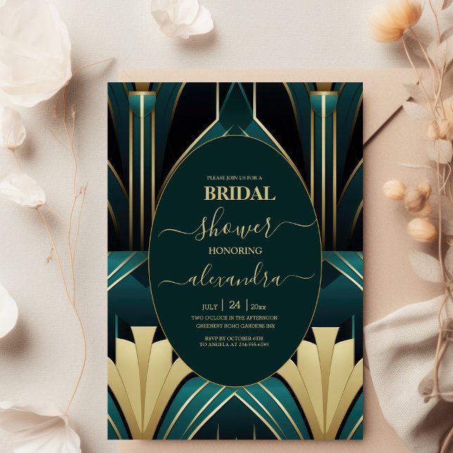 Elegant Green and Gold Art Deco Bridal Shower Invitation (Creator Uploaded)
