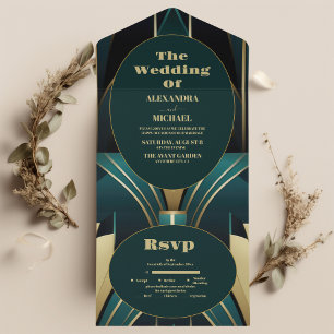 Elegant Green and Gold Art Deco Wedding All In One Invitation