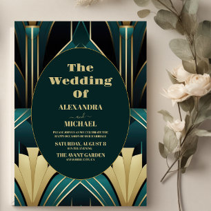 Elegant Green and Gold Art Deco Wedding  Invitation
