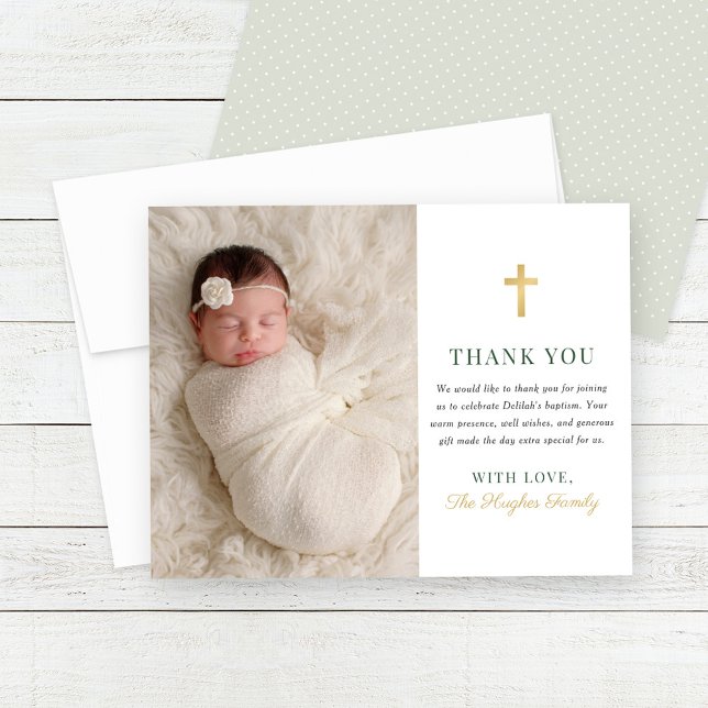 Elegant Green and Gold Baby Girl Baptism Photo Thank You Card (Creator Uploaded)