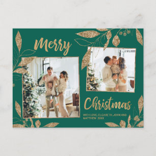 Elegant Green and Gold Botanical 2 Photo Christmas Postcard