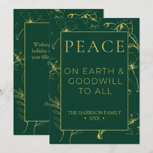 Elegant Green and Gold Botanical Peace On Earth Holiday Card