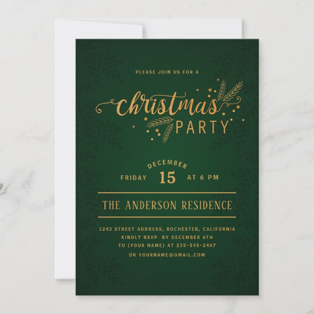 Elegant Green and Gold Christmas Holiday Party Invitation (Front)