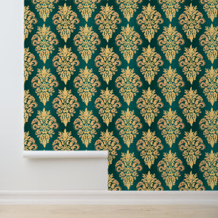 Elegant Green and Gold Classic Damask Wallpaper