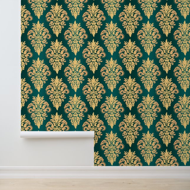 Elegant Green and Gold Classic Damask Wallpaper (Application)