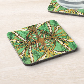 Elegant Green and Gold Damask Pattern Coaster