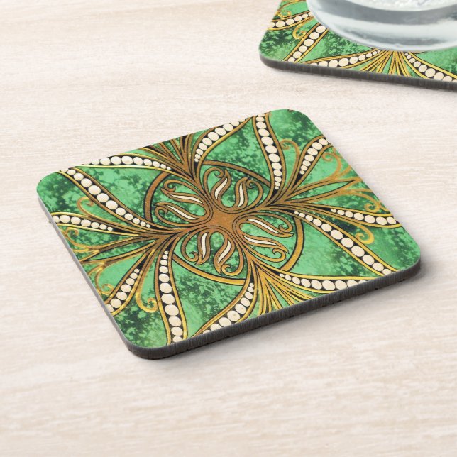 Elegant Green and Gold Damask Pattern Coaster (Left Side)
