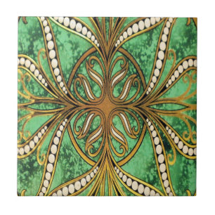 Elegant Green and Gold Damask Pattern Tile