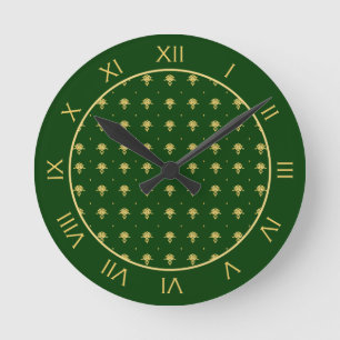 Elegant Green and Gold Damask Round Clock