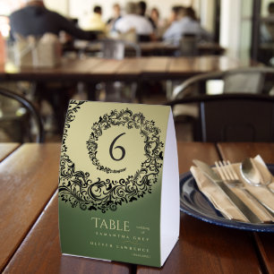 Elegant Green and Gold Damask Wedding Table Number