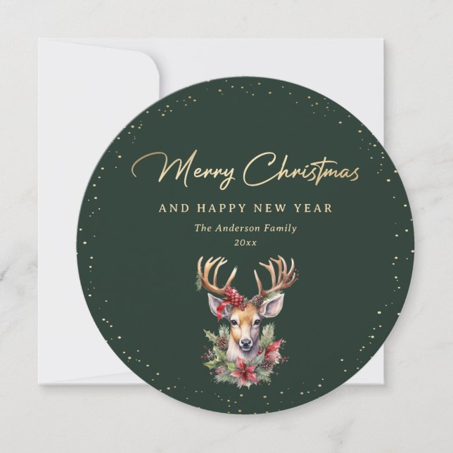 Elegant Green and Gold Deer Merry Christmas Holiday Card (Front)