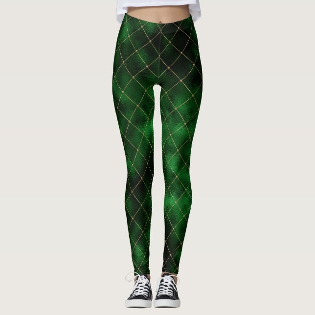 Elegant Green and Gold Diamonds Leggings (Front)