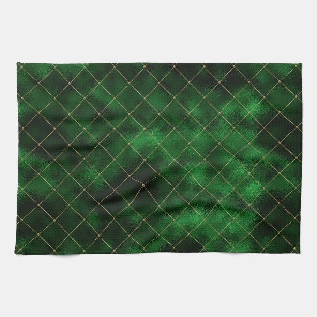 Elegant Green and Gold Diamonds Tea Towel (Horizontal)