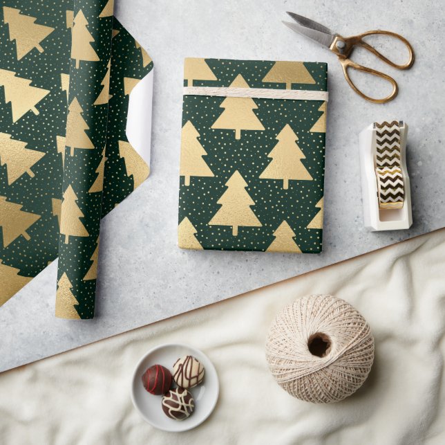 Elegant Green and Gold Faux Foil Christmas Tree Wrapping Paper (Crafts)