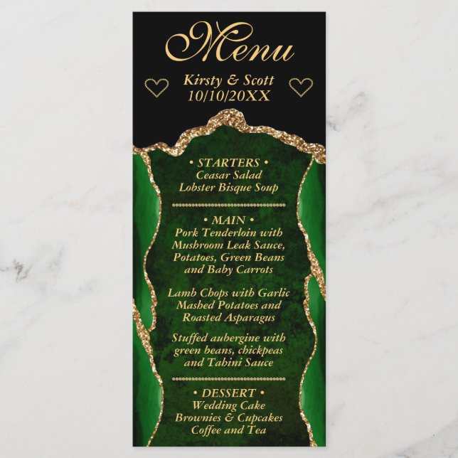 Elegant Green and Gold Faux Glitter Agate Wedding Menu (Front)