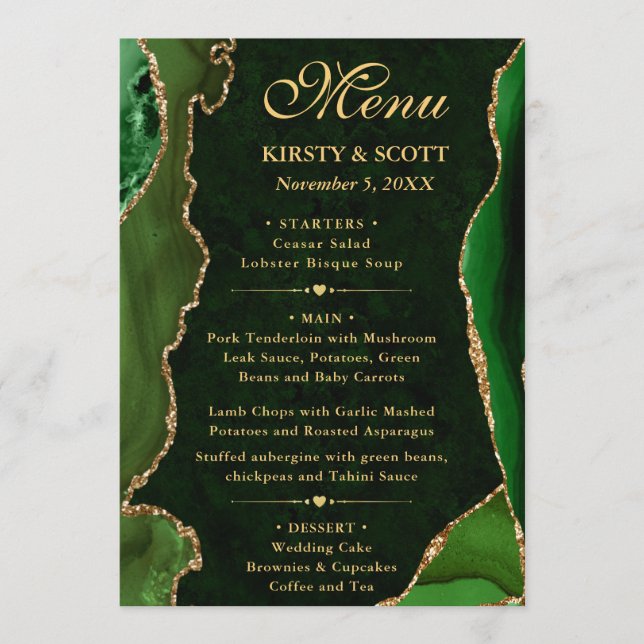 Elegant Green and Gold Faux Glitter Agate Wedding Menu (Front)