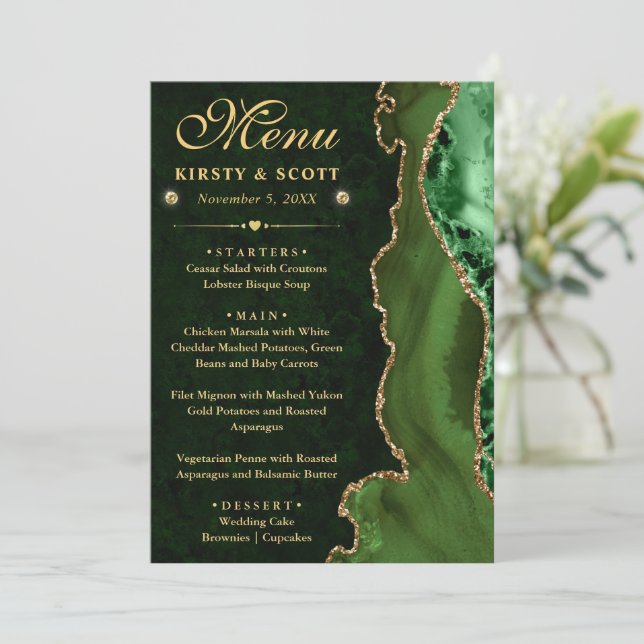 Elegant Green and Gold Faux Glitter Agate Wedding Menu (Standing Front)