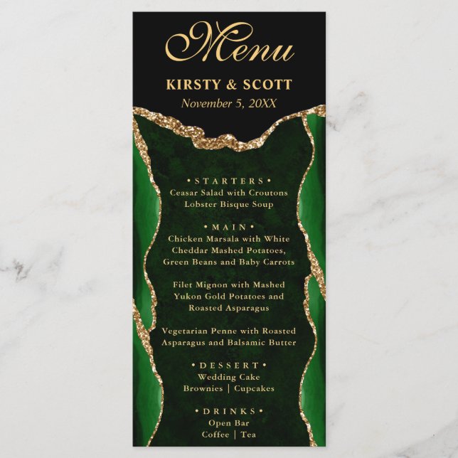 Elegant Green and Gold Faux Glitter Agate Wedding Menu (Front)