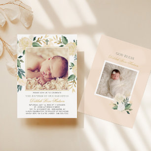 Elegant Green and Gold Floral Girl Baptism Photo Invitation