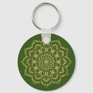 Elegant Green and Gold Floral Mandala Pattern Key Ring