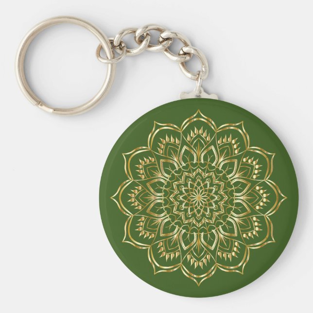 Elegant Green and Gold Floral Mandala Pattern Key Ring (Front)