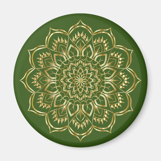 Elegant Green and Gold Floral Mandala Pattern Magnet (Front)