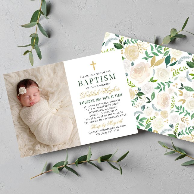 Elegant Green and Gold Floral Photo Baptism Invitation (Creator Uploaded)