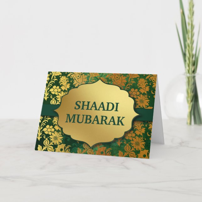 Elegant Green and Gold Floral Shaadi Mubarak Card (Front)