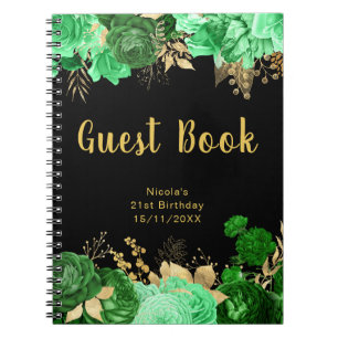 Elegant Green and Gold Flowers Birthday Guest Book