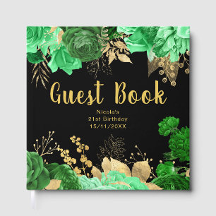 Elegant Green and Gold Flowers Birthday Party Guest Book