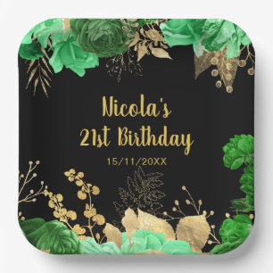 Elegant Green and Gold Flowers Birthday Party Paper Plate