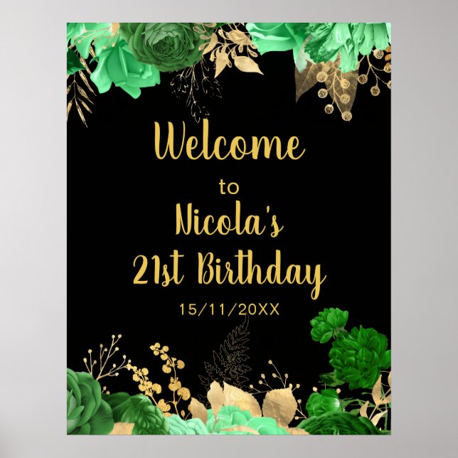 Elegant Green and Gold Flowers Birthday Party Poster (Front)
