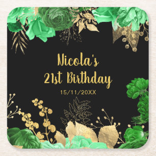 Elegant Green and Gold Flowers Birthday Party  Square Paper Coaster