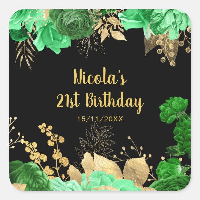 Elegant Green and Gold Flowers Birthday Party Square Sticker (Front)