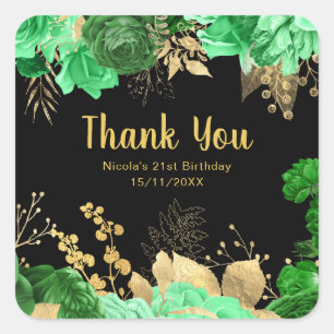 Elegant Green and Gold Flowers Birthday Party Square Sticker