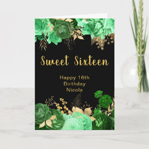 Elegant Green and Gold Flowers Sweet Sixteen Card