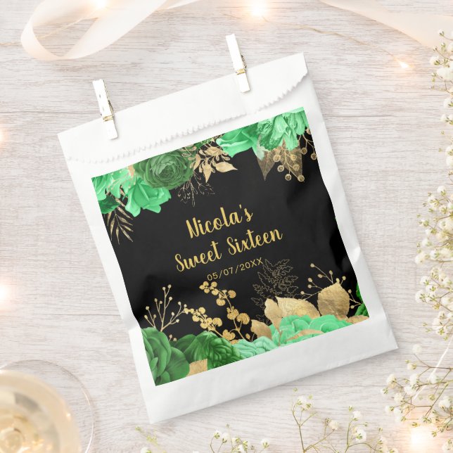 Elegant Green and Gold Flowers Sweet Sixteen Favour Bags (Clipped)