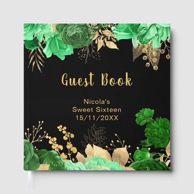 Elegant Green and Gold Flowers Sweet Sixteen Guest Book (Front)