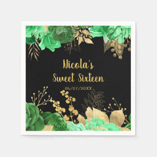 Elegant Green and Gold Flowers Sweet Sixteen Napkin