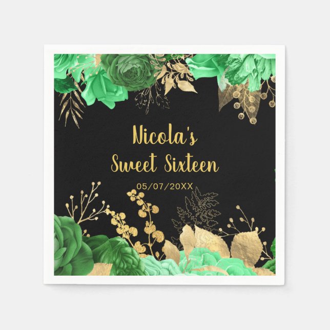 Elegant Green and Gold Flowers Sweet Sixteen Napkin (Front)