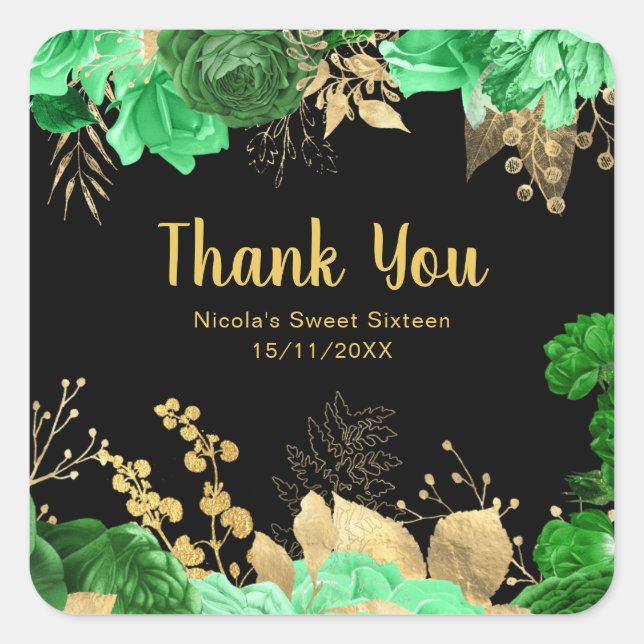 Elegant Green and Gold Flowers Sweet Sixteen Square Sticker (Front)