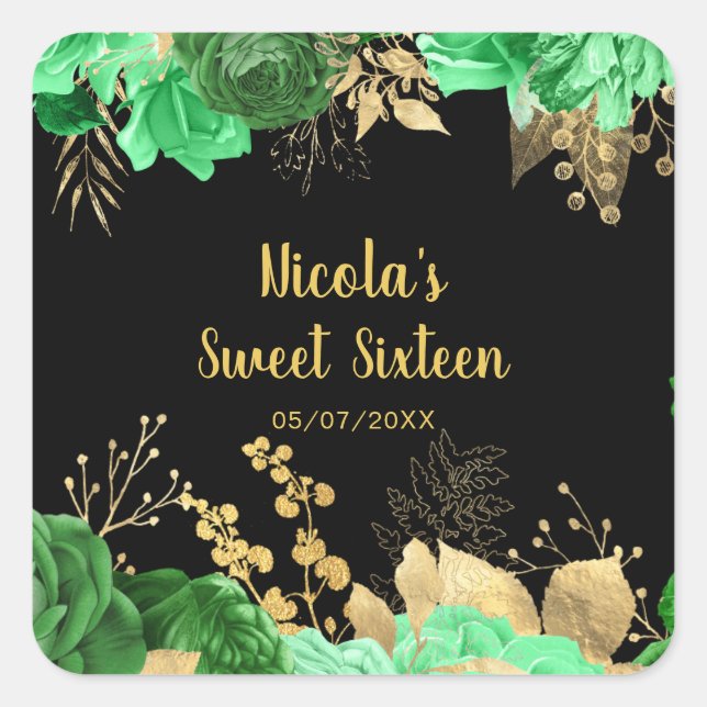 Elegant Green and Gold Flowers Sweet Sixteen Square Sticker (Front)