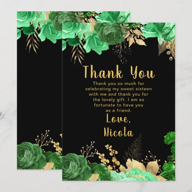 Elegant Green and Gold Flowers Sweet Sixteen Thank You Card (Front/Back)