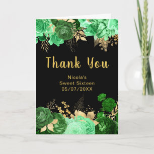 Elegant Green and Gold Flowers Sweet Sixteen Thank You Card