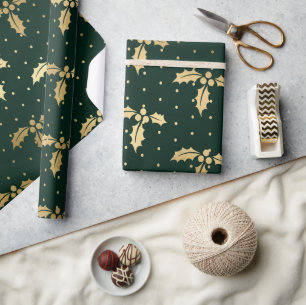 Elegant Green and Gold Foil Christmas Holly Wrapping Paper