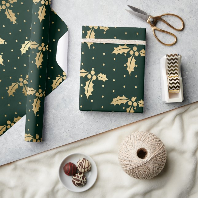 Elegant Green and Gold Foil Christmas Holly Wrapping Paper (Crafts)