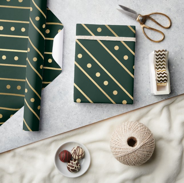 Elegant Green and Gold Foil Christmas Stripes Wrapping Paper (Crafts)