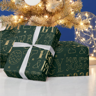 Elegant Green and Gold Foil Christmas Word Art Wrapping Paper