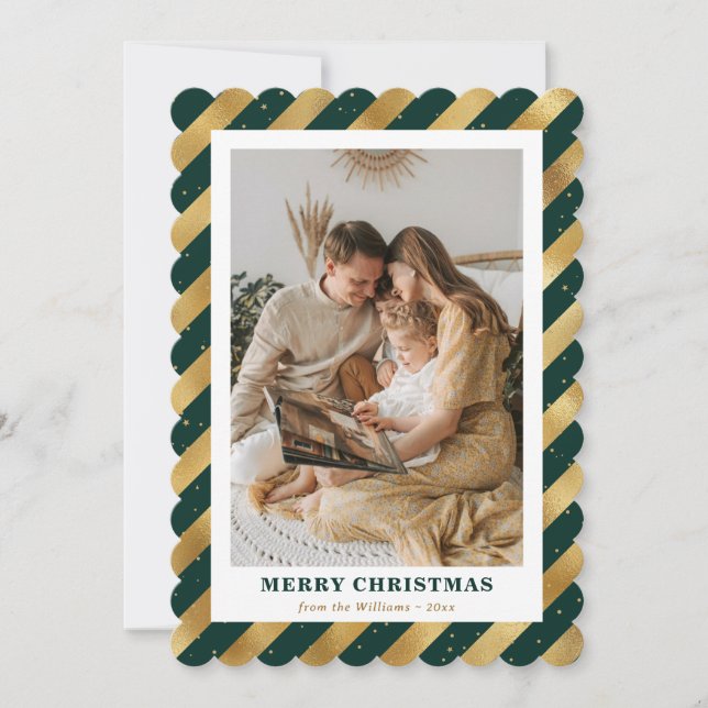 Elegant Green and Gold Foil Photo Merry Christmas Holiday Card (Front)